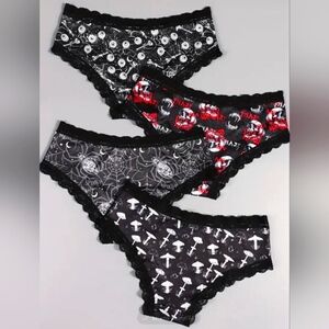 4pcs Women Gothic Contrast Lace Hipster Panties Set, Halloween Skull & Eyeballs